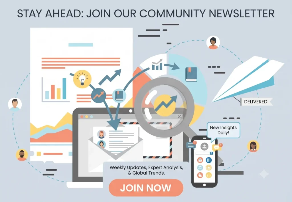 A digital illustration featuring a laptop, smartphone, and paper airplane surrounded by business charts and a magnifying glass focusing on an upward trend arrow. The image includes text reading "Stay Ahead: Join Our Community Newsletter," "New Insights Daily!," "Weekly Updates, Expert Analysis, & Global Trends," and a "Join Now" button.