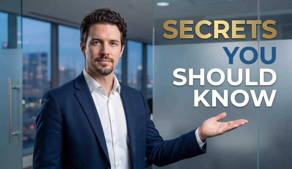 A man in a navy blue suit standing in a modern office with city views, gesturing toward text that reads "SECRETS YOU SHOULD KNOW."